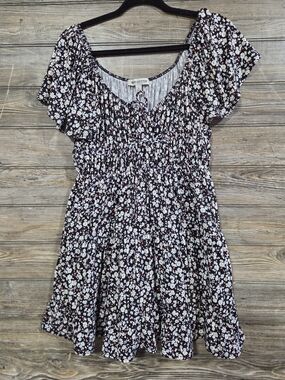 Urban Outfitters Black Floral Smocked Mini Dress with White & Rust Accents Large